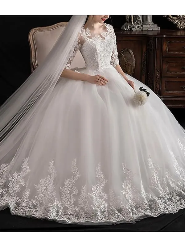 A-Line Wedding Dresses Jewel Neck Sweep \ Brush Train Lace Half Sleeve Glamorous See-Through Illusion Sleeve