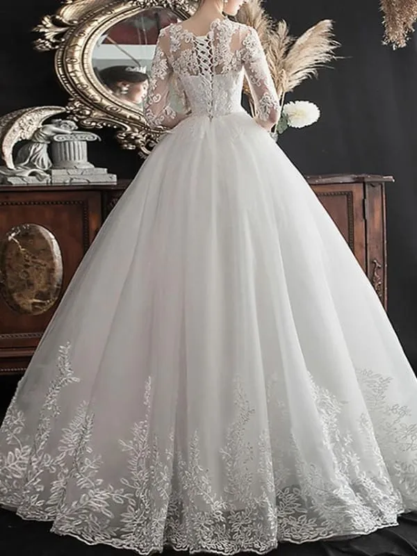 A-Line Wedding Dresses Jewel Neck Sweep \ Brush Train Lace Half Sleeve Glamorous See-Through Illusion Sleeve