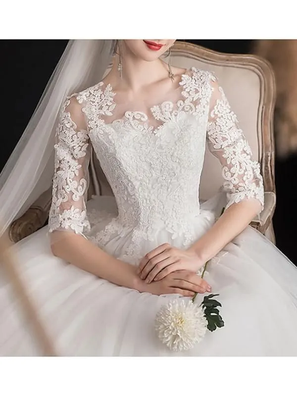 A-Line Wedding Dresses Jewel Neck Sweep \ Brush Train Lace Half Sleeve Glamorous See-Through Illusion Sleeve