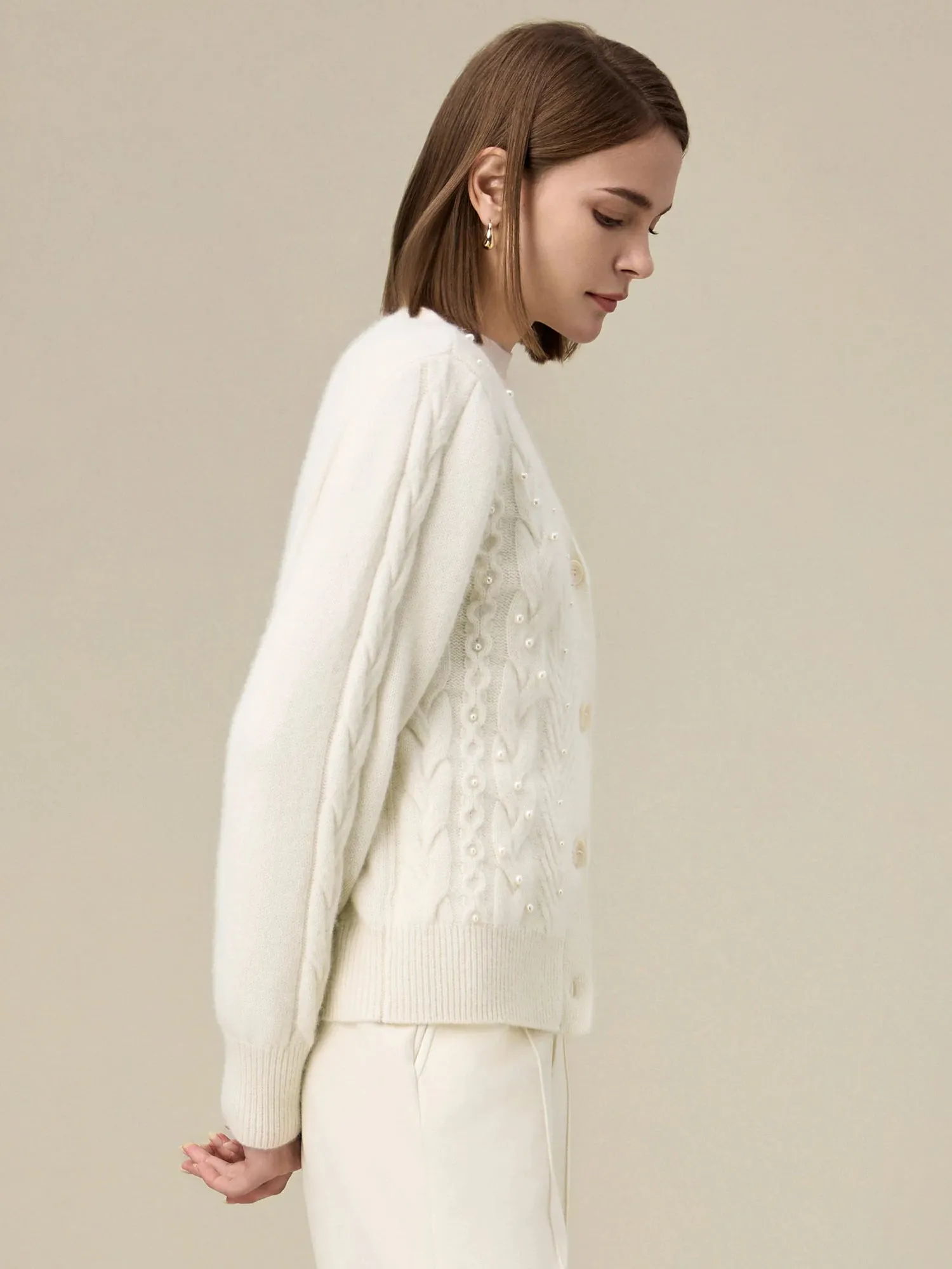 Amoretu Women's Wool Beaded Cable Knit Cardigan