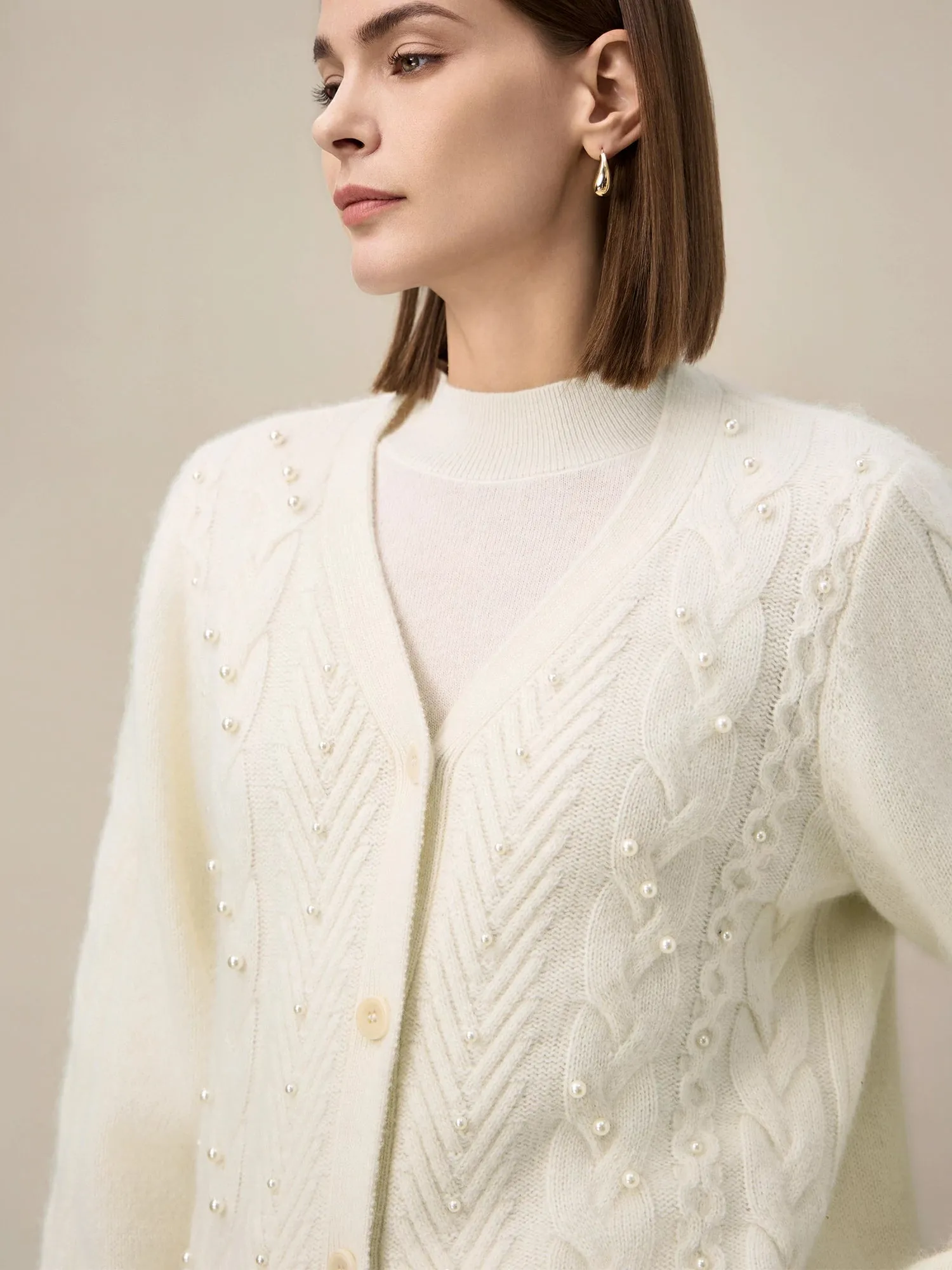 Amoretu Women's Wool Beaded Cable Knit Cardigan