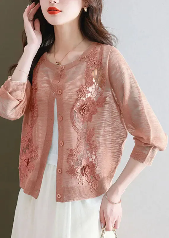 Art Brick Red O-Neck Ice Size Knit Cardigans Summer LY8125
