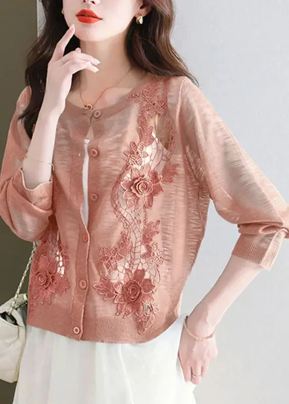Art Brick Red O-Neck Ice Size Knit Cardigans Summer LY8125