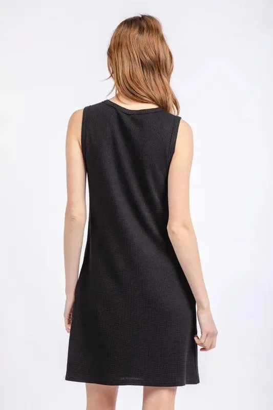 Black Solid Waffle Knit Sleeveless Dress