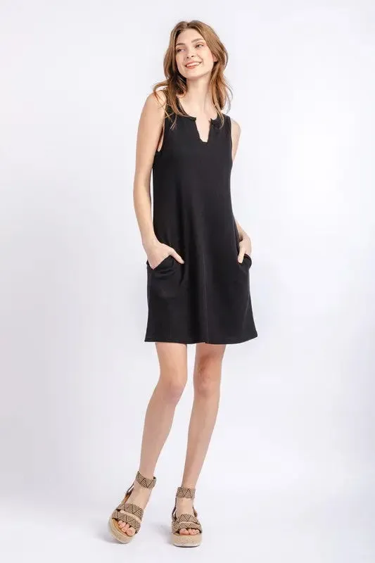 Black Solid Waffle Knit Sleeveless Dress