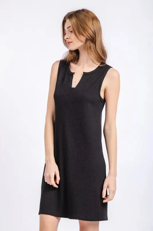 Black Solid Waffle Knit Sleeveless Dress