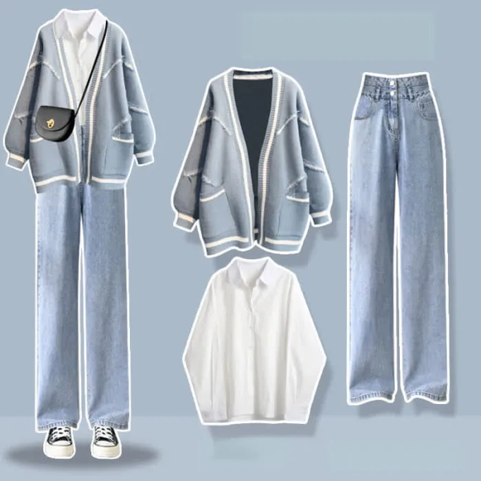 Blue Letter Cardigan Sweater Lapel Shirt Denim Pants Set