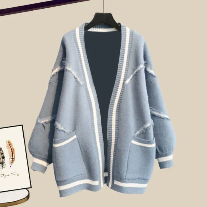 Blue Letter Cardigan Sweater Lapel Shirt Denim Pants Set