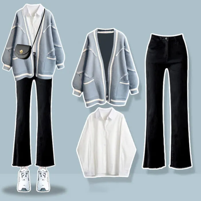 Blue Letter Cardigan Sweater Lapel Shirt Denim Pants Set