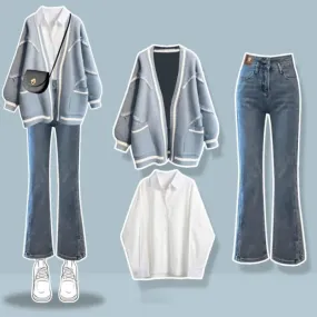 Blue Letter Cardigan Sweater Lapel Shirt Denim Pants Set