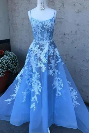 Blue Spaghetti Straps Prom with Lace Appliques A Line Sexy Long Graduation Dress