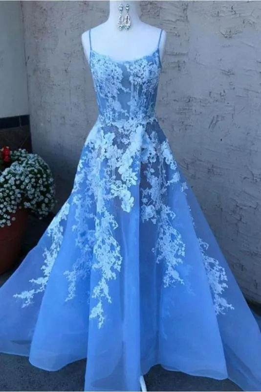 Blue Spaghetti Straps Prom with Lace Appliques A Line Sexy Long Graduation Dress