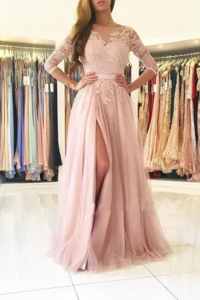 Blush Pink A-line Bateau Split Backless Lace Appliques Tulle Long Prom Dresses with Sleeves
