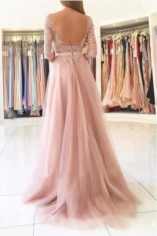 Blush Pink A-line Bateau Split Backless Lace Appliques Tulle Long Prom Dresses with Sleeves
