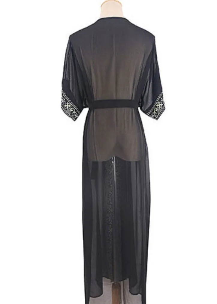 Bohemian Black V Neck Print Chiffon Long Beach Cardigans Summer LY3011