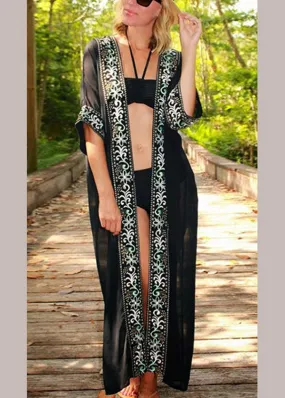 Bohemian Black V Neck Print Chiffon Long Beach Cardigans Summer LY3011
