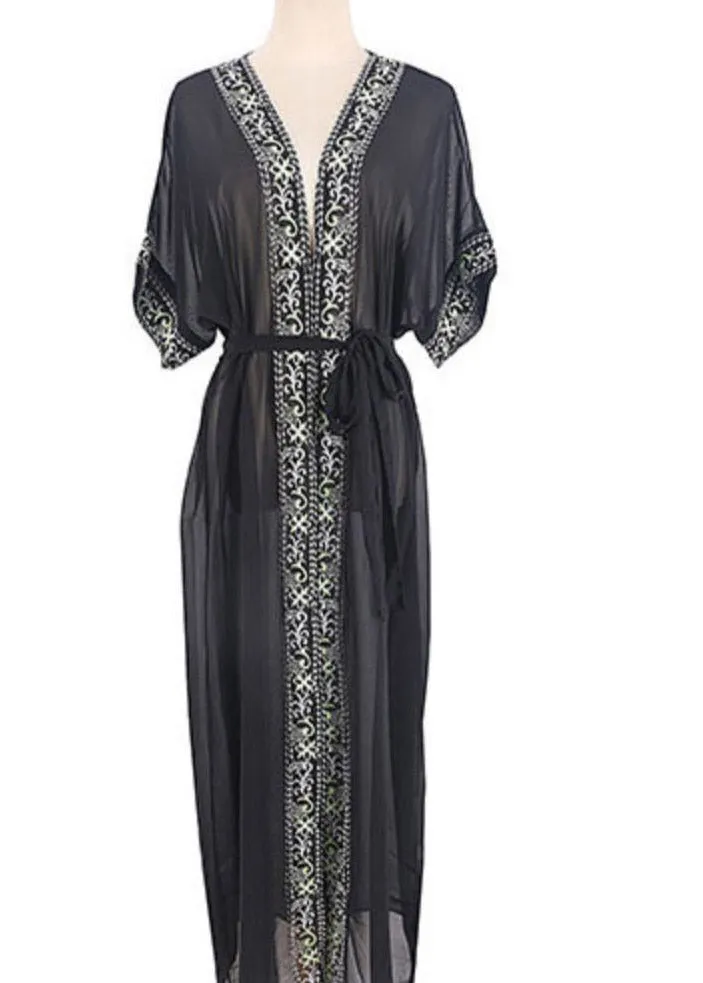 Bohemian Black V Neck Print Chiffon Long Beach Cardigans Summer LY3011