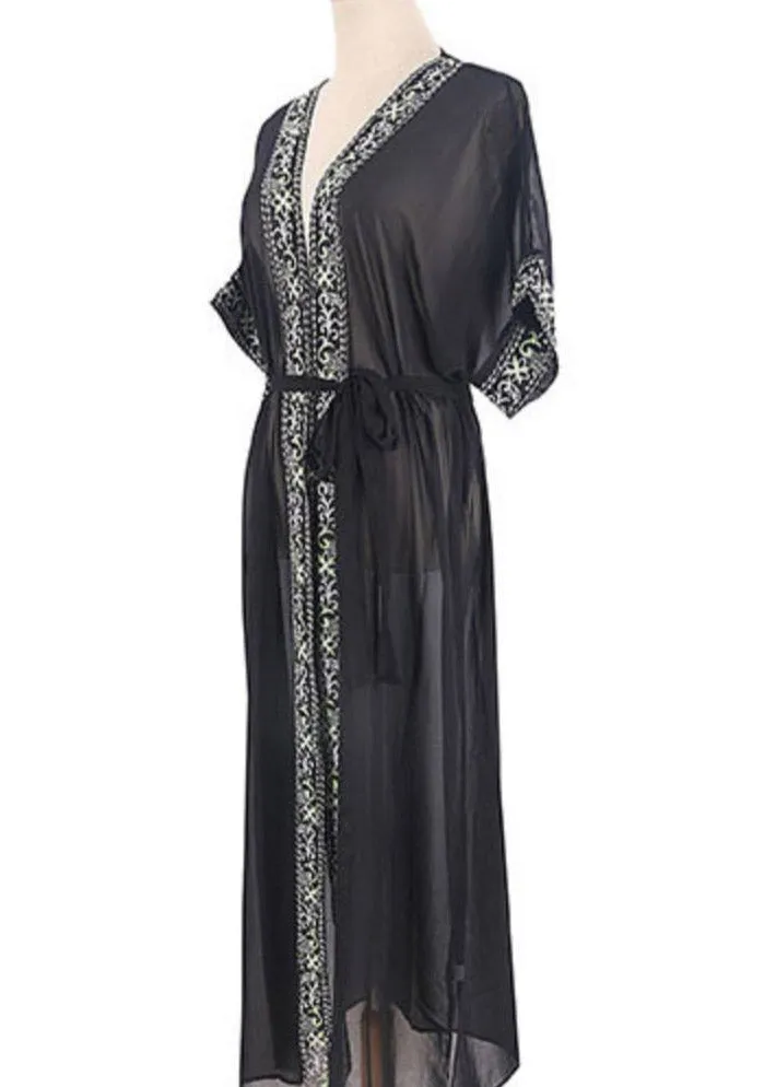 Bohemian Black V Neck Print Chiffon Long Beach Cardigans Summer LY3011