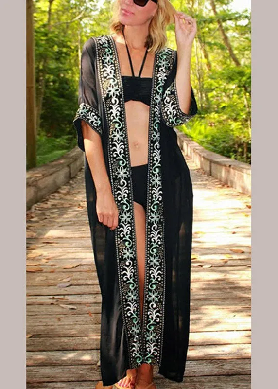 Bohemian Black V Neck Print Chiffon Long Beach Cardigans Summer LY3011