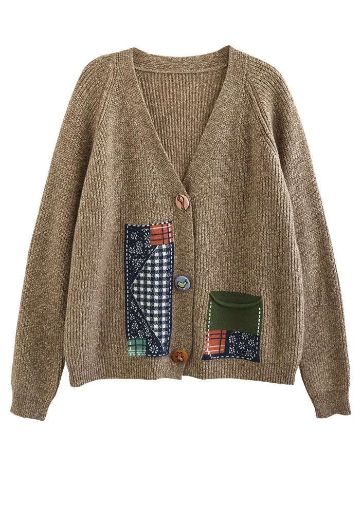 Boho Yellow V Neck Patchwork Applique Knit Cardigans Winter