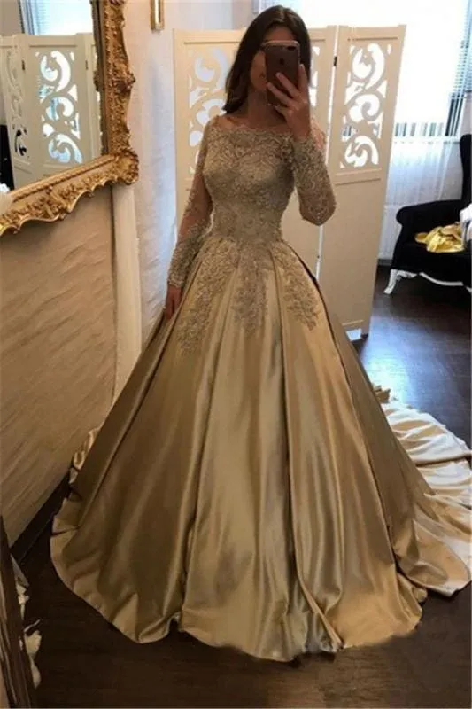 Bridelily A-Line Evening Dresses Bateau Neck Long Sleeves Lace Appliques Prom Dresses