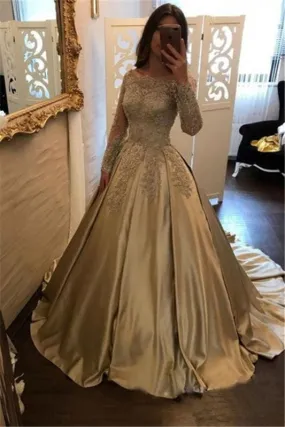 Bridelily A-Line Evening Dresses Bateau Neck Long Sleeves Lace Appliques Prom Dresses