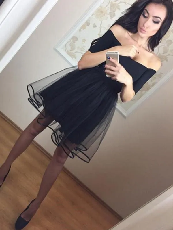 Bridelily A-Line Half Sleeves Off-the-Shoulder Tulle Short/Mini Dresses