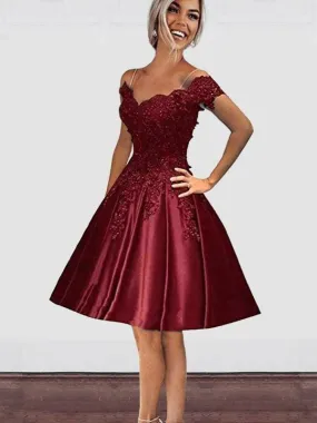 Bridelily A-Line Off-the-Shoulder Knee-Length Satin Dresses With Applique