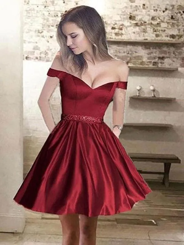 Bridelily A-Line Off-the-Shoulder Satin With Beading Sleeveless Short/Mini Dresses
