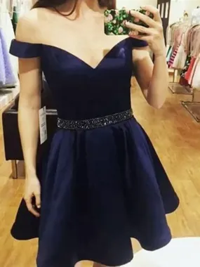 Bridelily A-Line Off-the-Shoulder Satin With Beading Sleeveless Short/Mini Dresses
