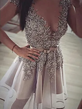 Bridelily A-Line Organza V-neck Sleeveless Short/Mini With Sequin Dresses