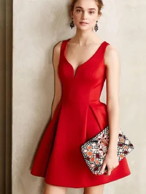 Bridelily A-Line Satin Sleeveless Short/Mini With Ruffles V-neck Dresses