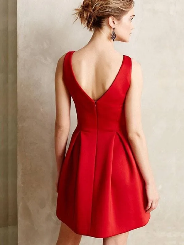Bridelily A-Line Satin Sleeveless Short/Mini With Ruffles V-neck Dresses