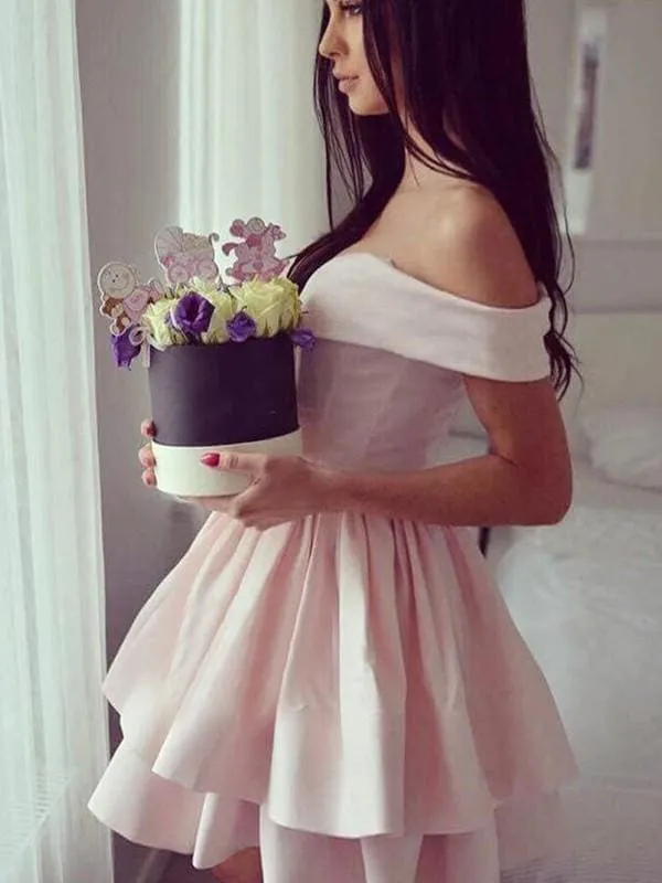 Bridelily A-Line Sleeveless Off-the-Shoulder Satin Knee-Length Dresses