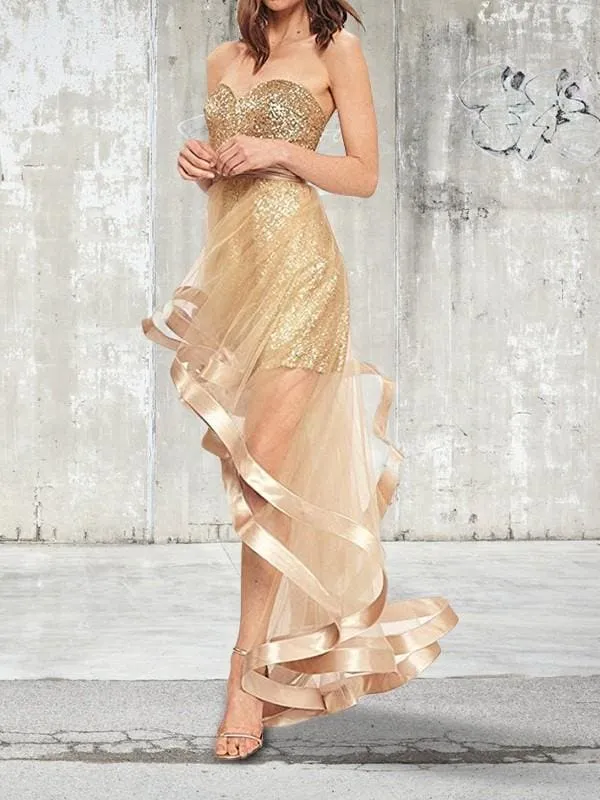 Bridelily A-Line Sleeveless Sweetheart Asymmetrical Sequin Organza Dresses