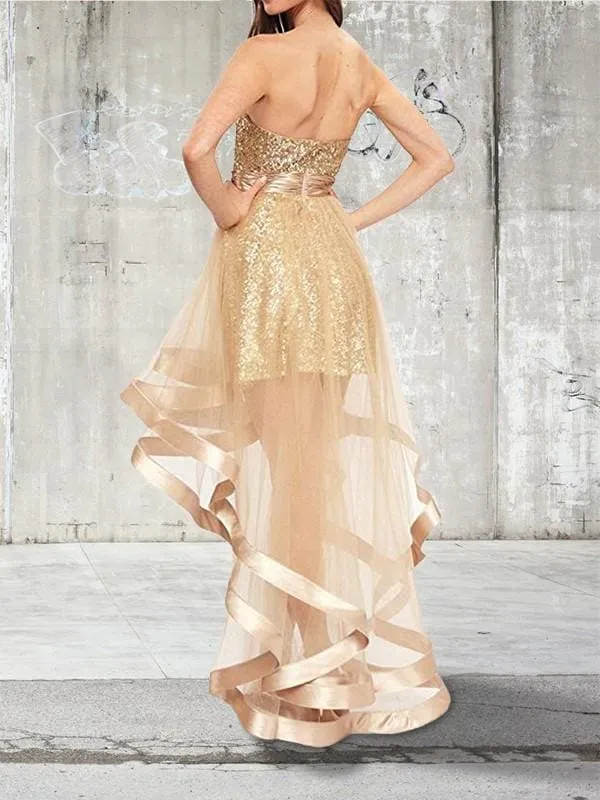 Bridelily A-Line Sleeveless Sweetheart Asymmetrical Sequin Organza Dresses