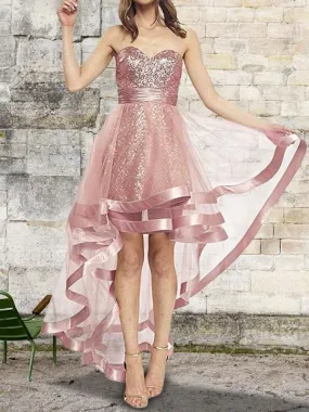 Bridelily A-Line Sleeveless Sweetheart Asymmetrical Sequin Organza Dresses