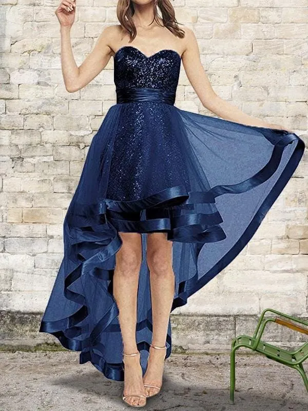 Bridelily A-Line Sleeveless Sweetheart Asymmetrical Sequin Organza Dresses