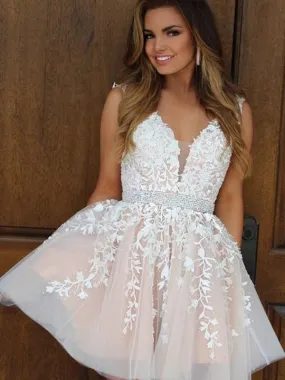 Bridelily A-Line V-neck Tulle With Applique Sleeveless Short/Mini Dresses