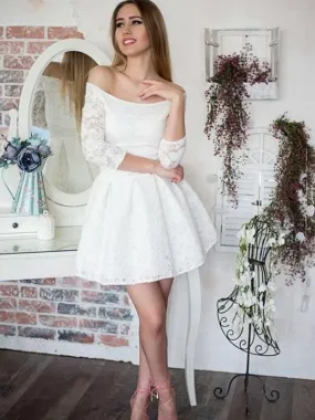Bridelily A-Line With Ruffles Off-the-Shoulder Lace 3/4 Sleeves Short/Mini Dresses