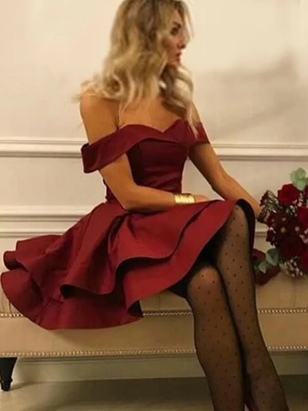 Bridelily A-Line With Ruffles Satin Off-the-Shoulder Sleeveless Short/Mini Dresses