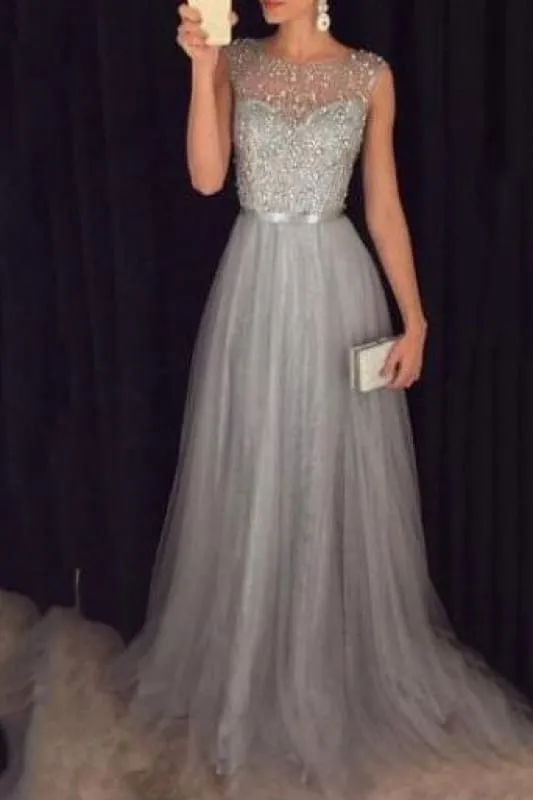Bridelily Grey A-line Prom Dresses Beaded Long Tulle Evening Gowns