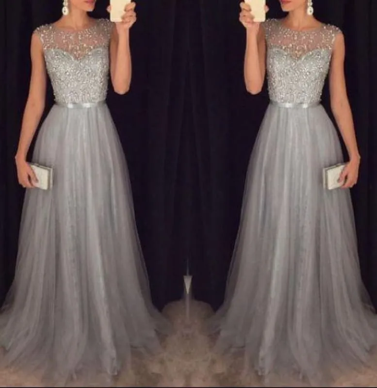 Bridelily Grey A-line Prom Dresses Beaded Long Tulle Evening Gowns