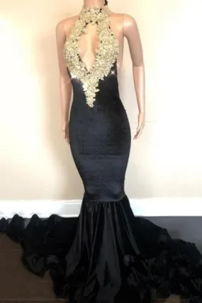 Bridelily Halter Backless Sparkling Sequins Prom Dresses | Mermaid Beads Appliques Sexy Evening Gowns FB0333-MQ0