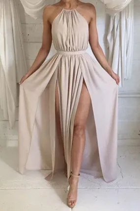 Bridelily Halter Front Spilt Backless Evening Gowns Sexy Summer Party Dresses