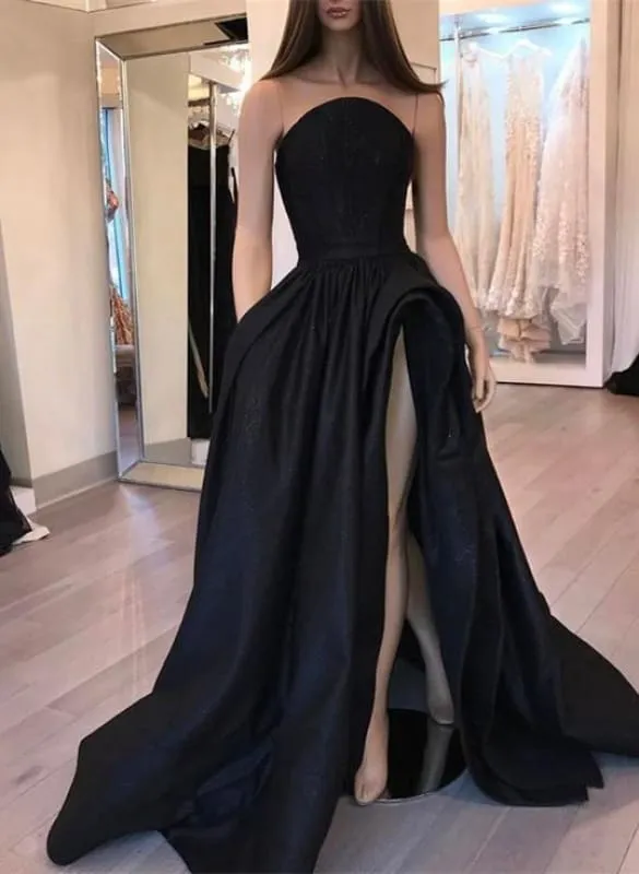Bridelily Sexy Black Slit Sleeveless Designer Evening Dress