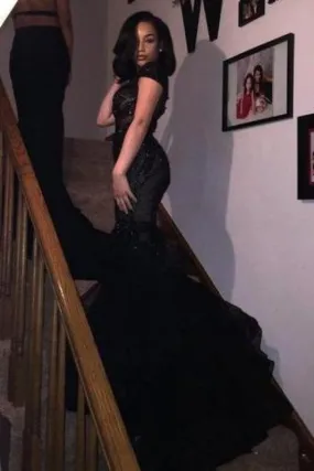 Bridelily Sexy Black Tulle Appliques Short-Sleeves Beadings Mermaid Prom Dress