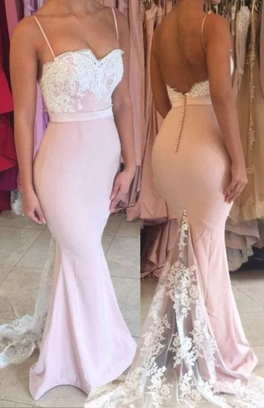 Bridelily Spaghetti Straps Lace Mermaid Evening Dress Open Back Buttons Cheap Formal Dress FB0034