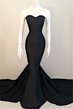Bridelily Sweetheart Black Mermaid Evening Dresses Sexy Simple Court Train Party Dresses TB0024