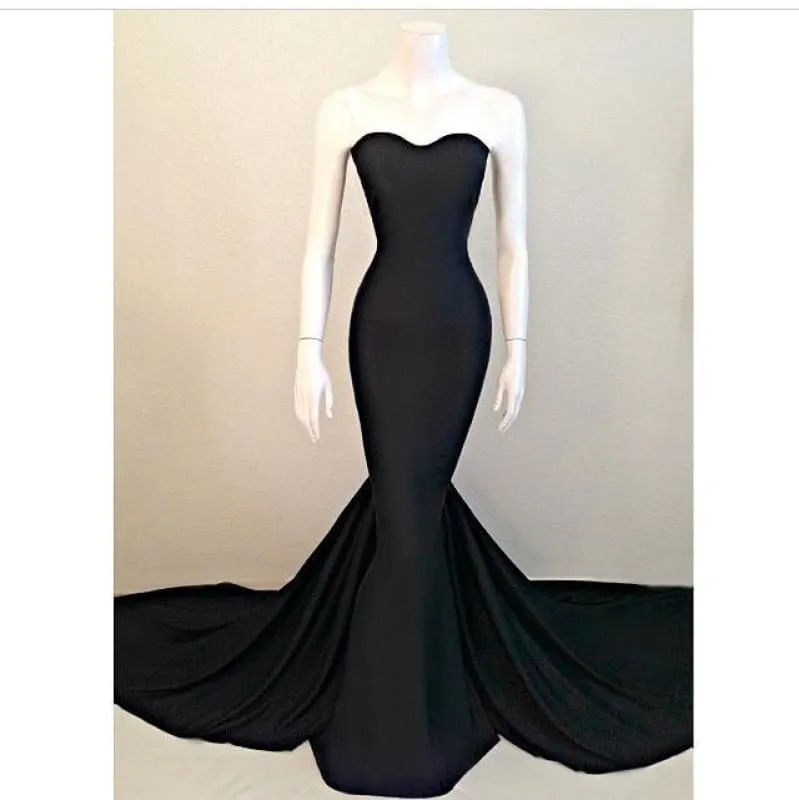 Bridelily Sweetheart Black Mermaid Evening Dresses Sexy Simple Court Train Party Dresses TB0024